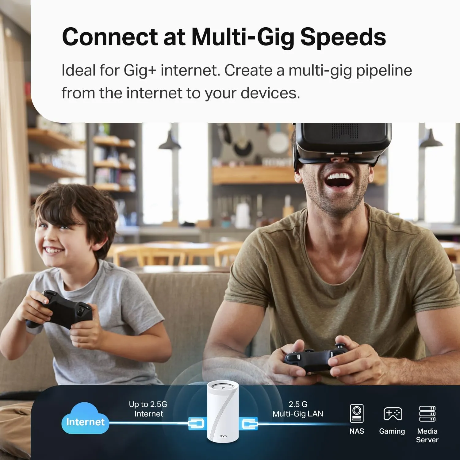 TP-Link Tri-Band WiFi 7 BE10000 Whole Home Mesh System (Deco BE63) - 6-Stream 10 Gbps, 4X 2.5G Ports Wired Backhaul, 4X Smart Internal Antennas, VPN, AI-Roaming, MU-MIMO, HomeShield (1-Pack)