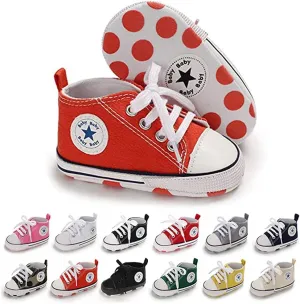 Unisex Baby Soft Sole Sneakers, Canvas Denim High Top, Newborn Infant First Walkers