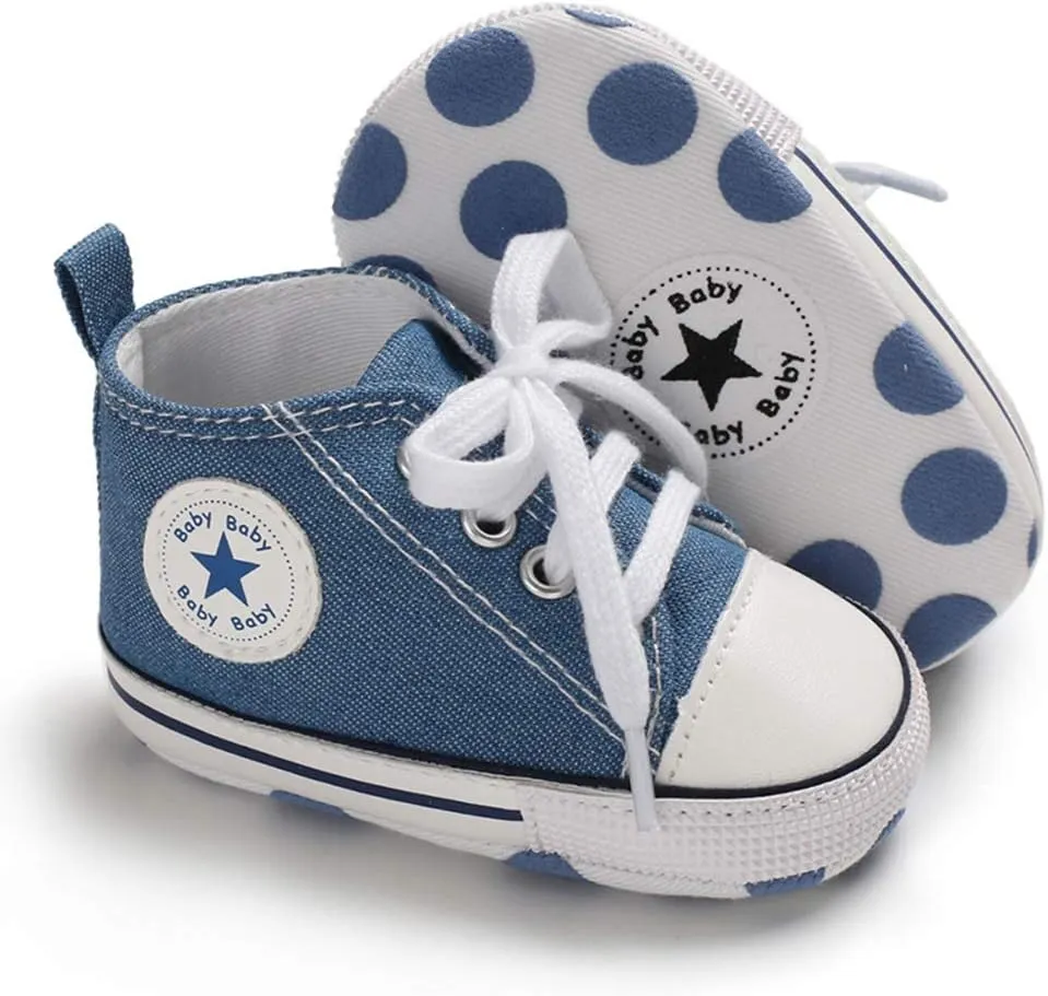 Unisex Baby Soft Sole Sneakers, Canvas Denim High Top, Newborn Infant First Walkers