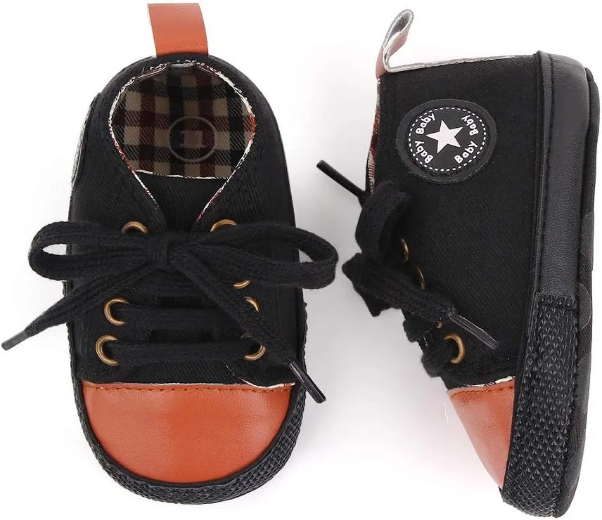 Unisex Baby Soft Sole Sneakers, Canvas Denim High Top, Newborn Infant First Walkers
