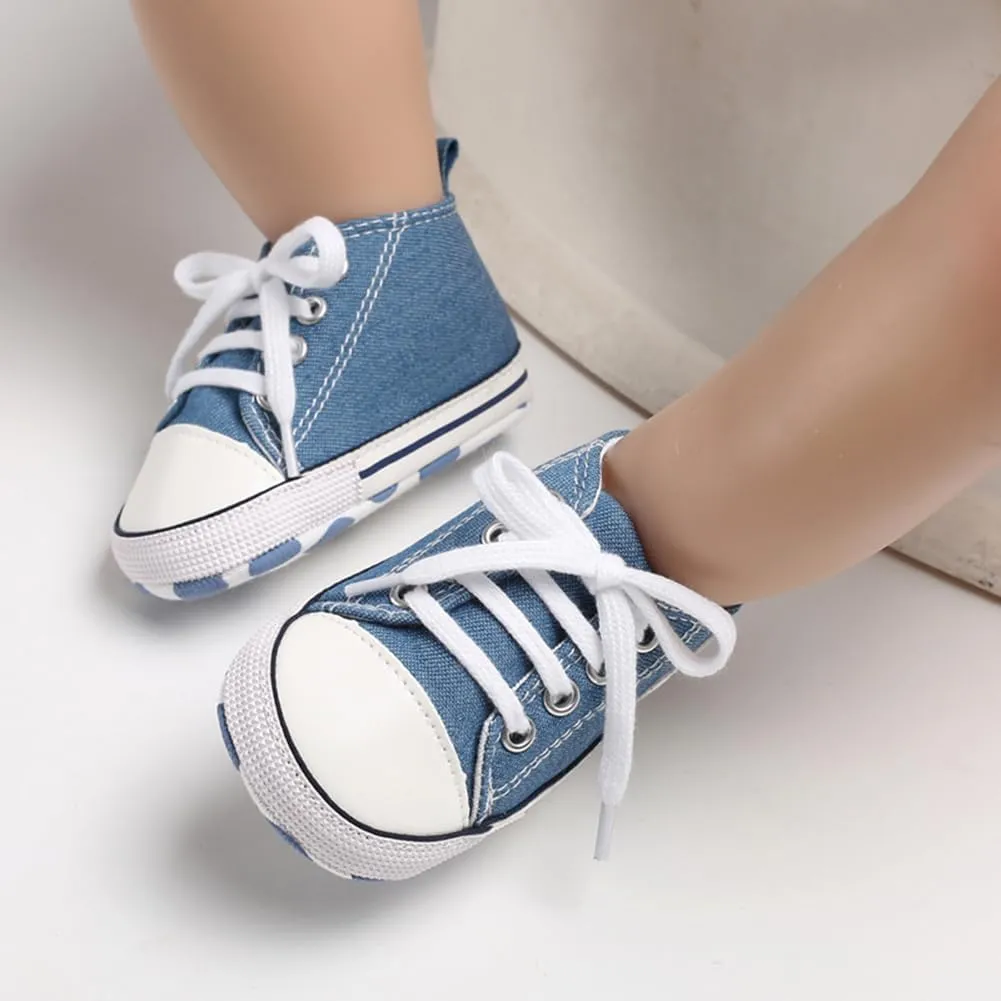 Unisex Baby Soft Sole Sneakers, Canvas Denim High Top, Newborn Infant First Walkers
