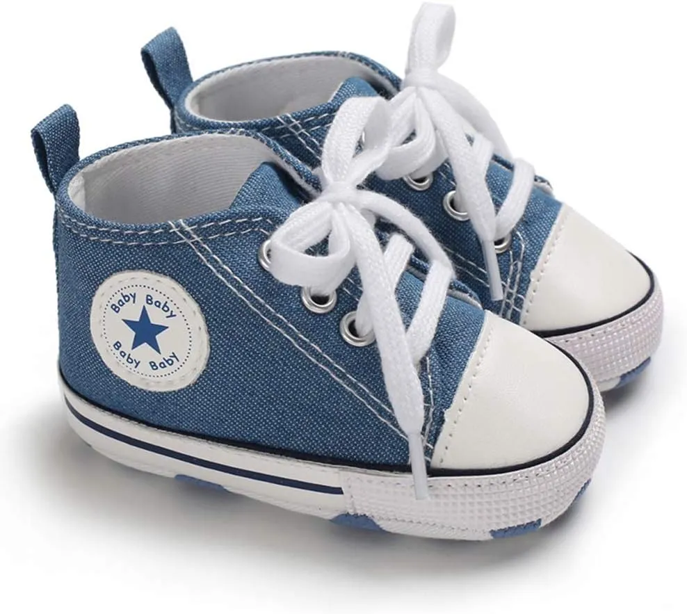 Unisex Baby Soft Sole Sneakers, Canvas Denim High Top, Newborn Infant First Walkers