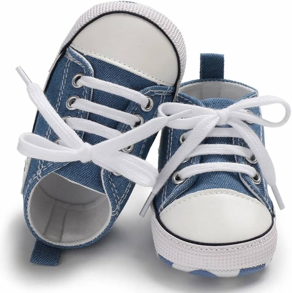 Unisex Baby Soft Sole Sneakers, Canvas Denim High Top, Newborn Infant First Walkers
