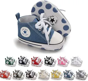 Unisex Baby Soft Sole Sneakers, Canvas Denim High Top, Newborn Infant First Walkers