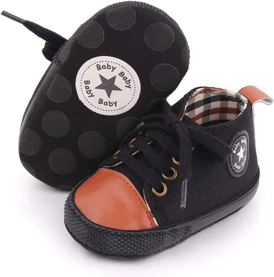 Unisex Baby Soft Sole Sneakers, Canvas Denim High Top, Newborn Infant First Walkers