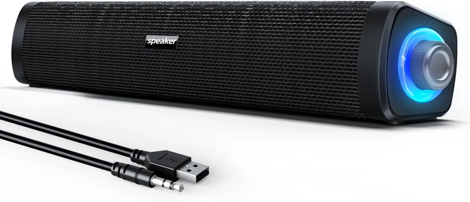 USB Computer Speakers,Computer Speakers with 3.5 mm aux,Wired USB Powered & Colorful LED Lights with Switch Button,Surround Sound Portable SoundBar for Monitor Laptop Phone(Black)
