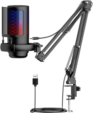 USB Microphone with Adjustable Arm for PC, RGB Lighting