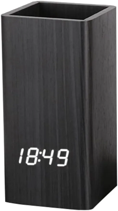 Voice Control Digital Wooden Pen Holder Alarm Clock Desktop LED Pencil