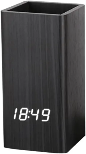Voice Control Digital Wooden Pen Holder Alarm Clock Desktop LED Pencil