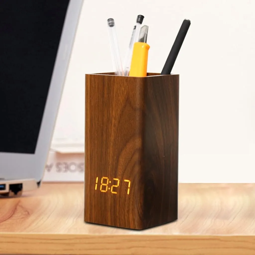 Voice Control Digital Wooden Pen Holder Alarm Clock Desktop LED Pencil