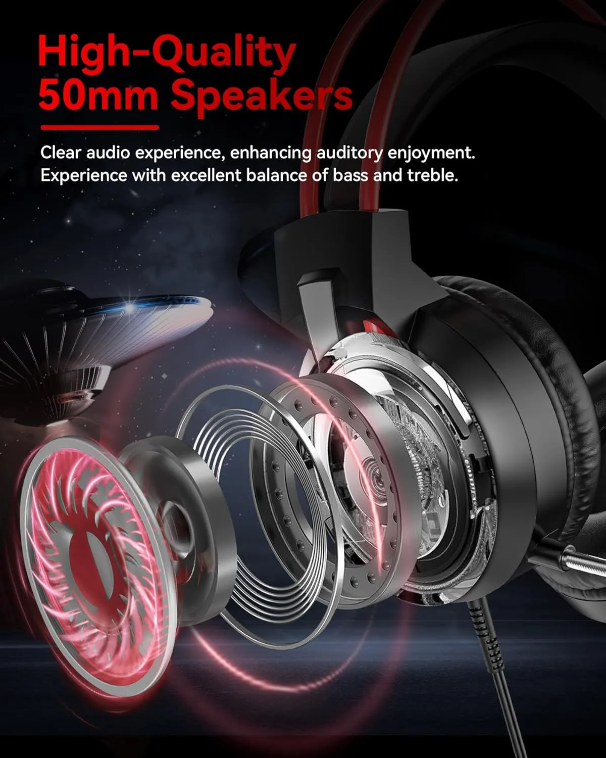 Wired Gaming Headset - Over-Ear Gaming Headphones with Mic, 50mm Drivers, LED Lights for PS5, PS4, Xbox Series X|S, Switch, PC, Mac (Red)