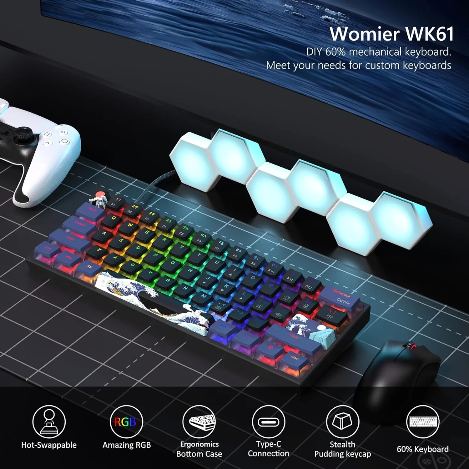 Womier 60% Percent Keyboard Gaming, WK61 Creamy Mechanical Wired Keyboard Anime, Hot-Swappable RGB Key Board with PBT Keycaps for Windows PC Gamers - POM Linear Red Switch(Black Kanagawa)