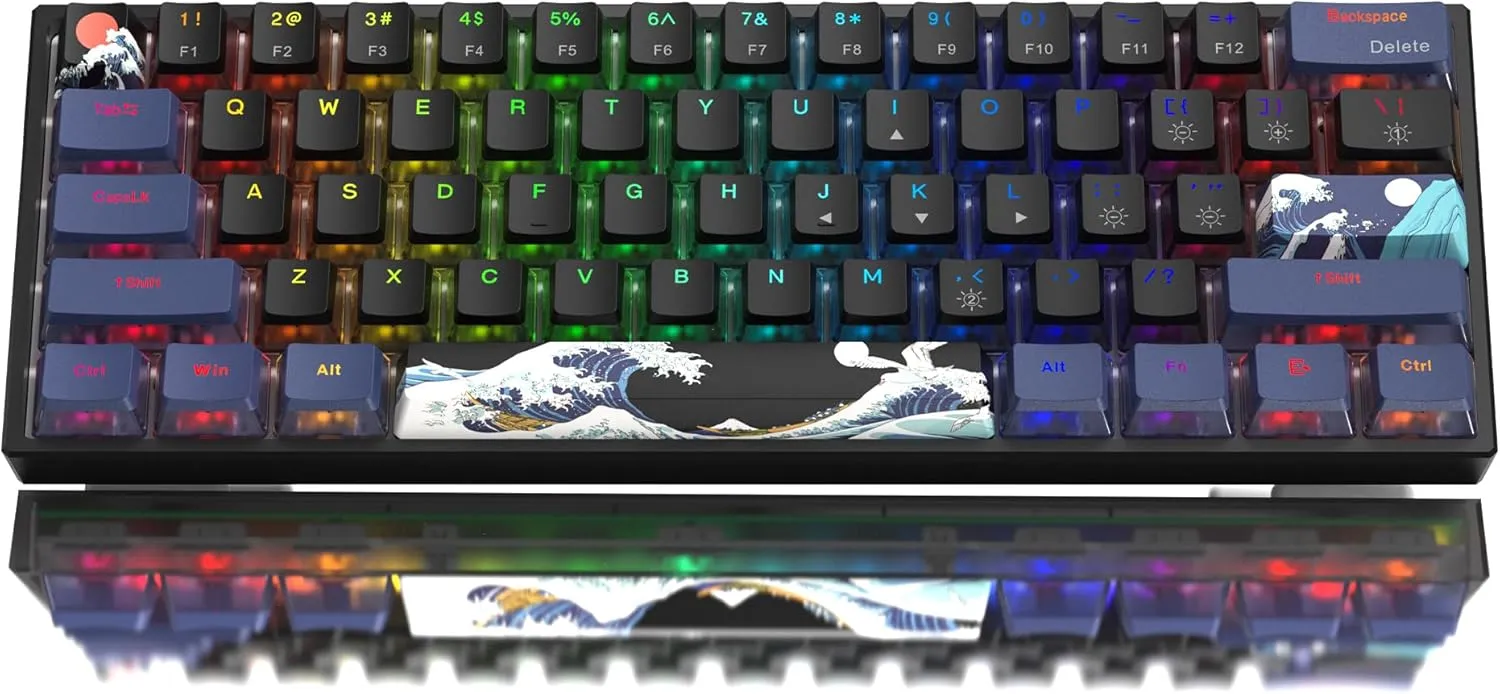 Womier 60% Percent Keyboard Gaming, WK61 Creamy Mechanical Wired Keyboard Anime, Hot-Swappable RGB Key Board with PBT Keycaps for Windows PC Gamers - POM Linear Red Switch(Black Kanagawa)