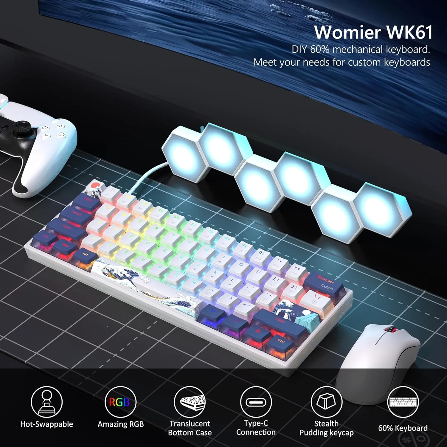 Womier 60% Percent Keyboard Gaming, WK61 Creamy Mechanical Wired Keyboard Anime, Hot-Swappable RGB Key Board with PBT Keycaps for Windows PC Gamers - POM Linear Red Switch(White Kanagawa)