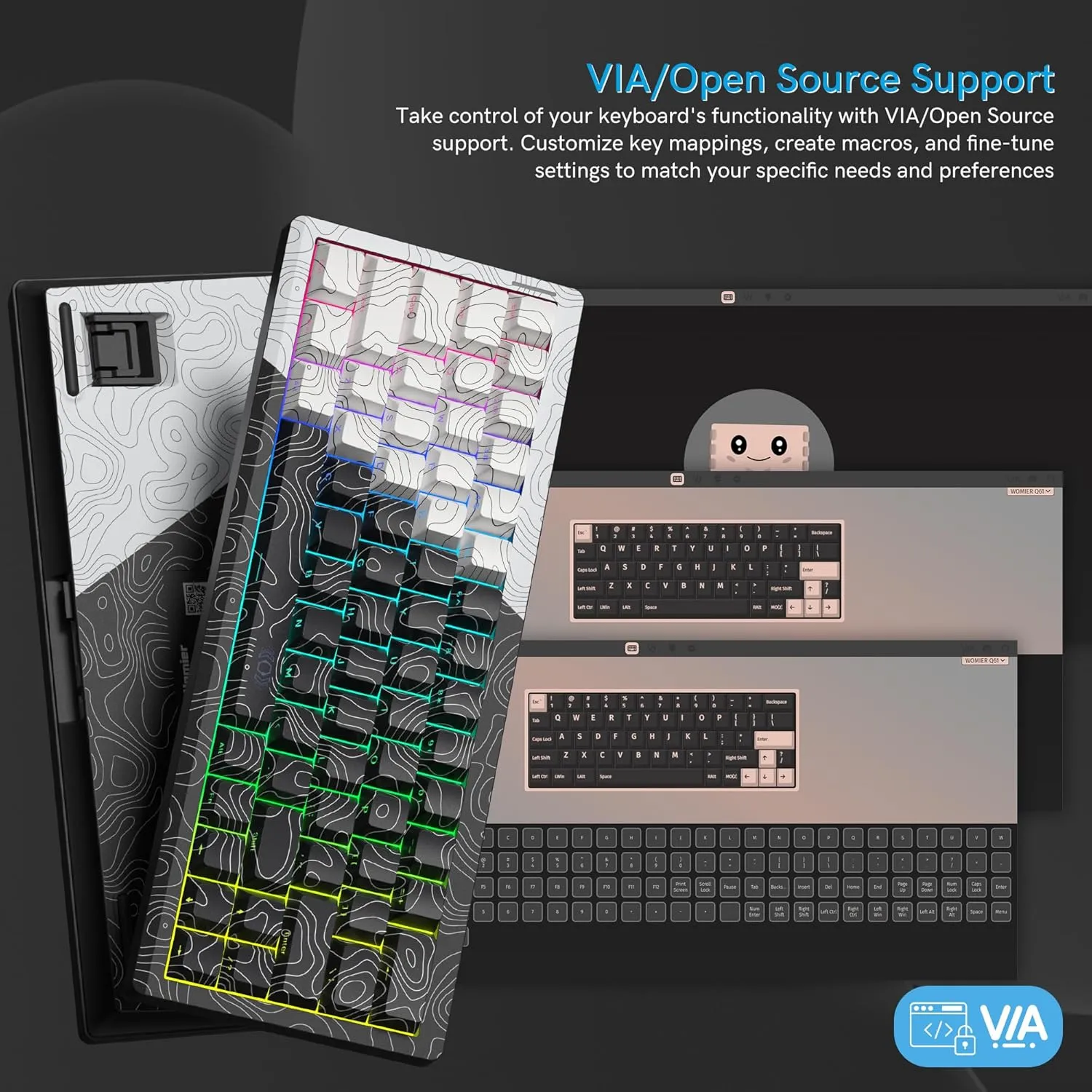 Womier 60% Percent Keyboard Wireless with QMK/VIA, Gaming Keyboard Topographic, Creamy Mechanical Key Board, RGB Custom Gasket Hot Swappable for Windows & Mac-POM Linear Switch (Q61)