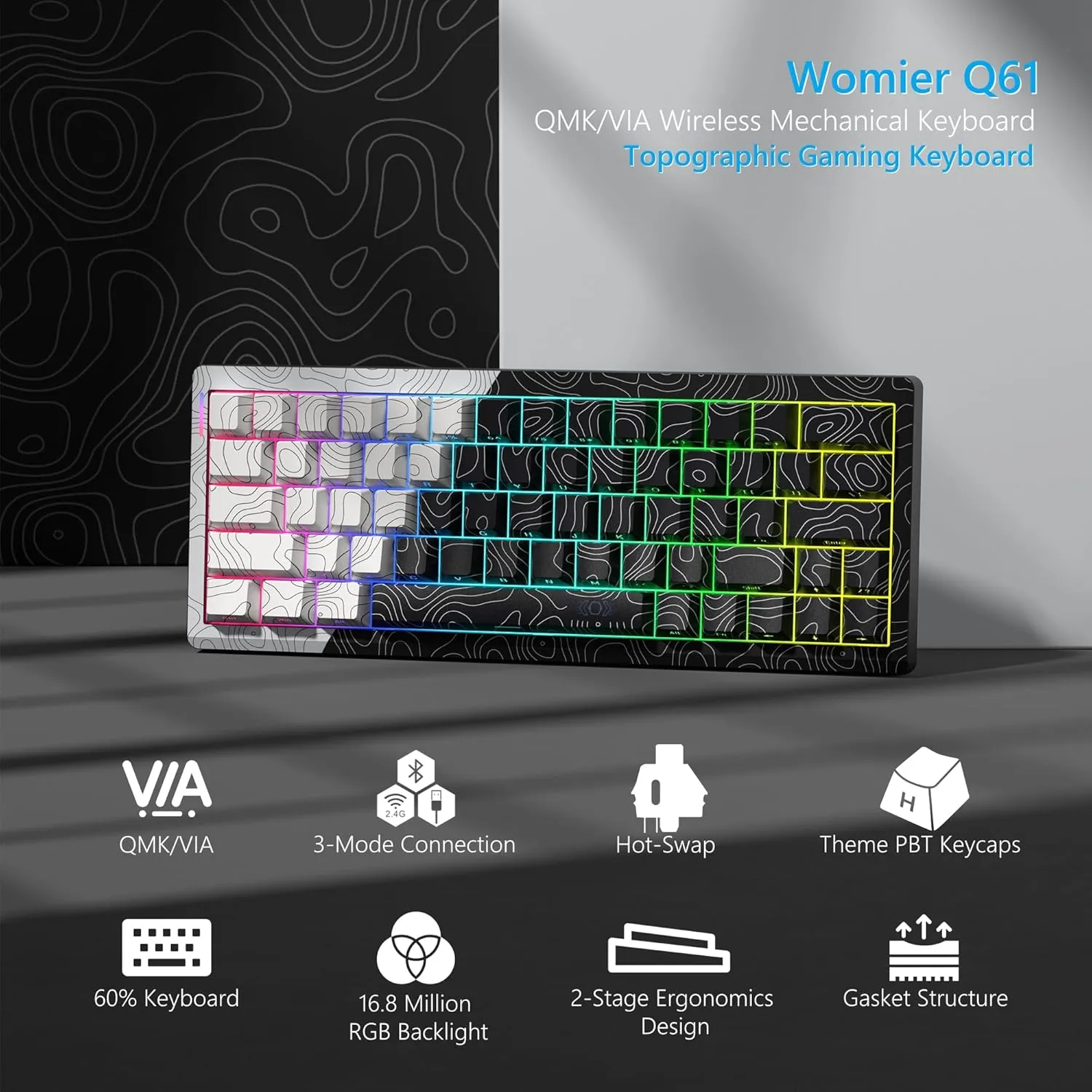Womier 60% Percent Keyboard Wireless with QMK/VIA, Gaming Keyboard Topographic, Creamy Mechanical Key Board, RGB Custom Gasket Hot Swappable for Windows & Mac-POM Linear Switch (Q61)
