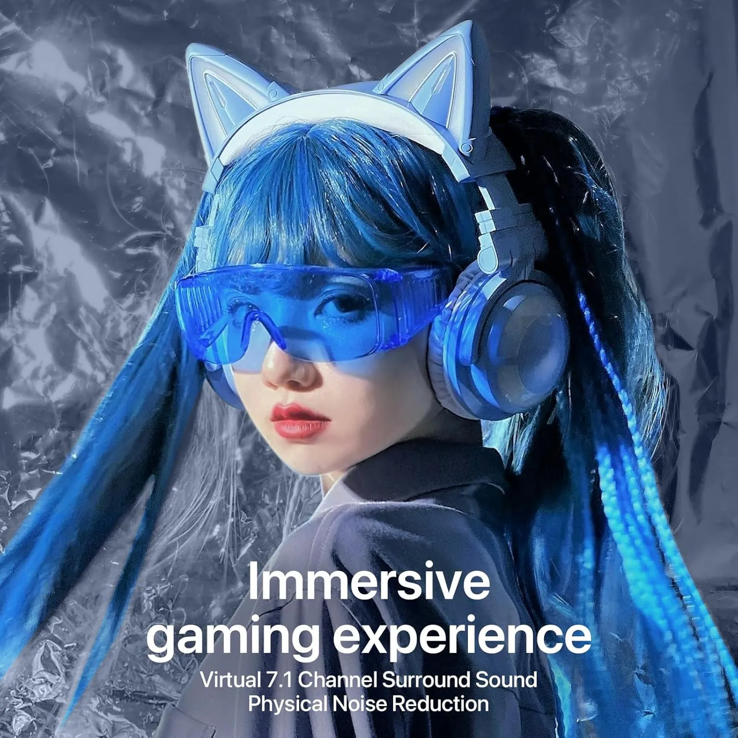 YOWU Cat Ear Headphones 3G, RGB Wireless/Wired 5.0 Foldable Gaming Headset with 7.1 Surround Sound, Built-in Mic & Customizable Lighting and Effect via APP, Type-C Charging Audio Cable(Blue)