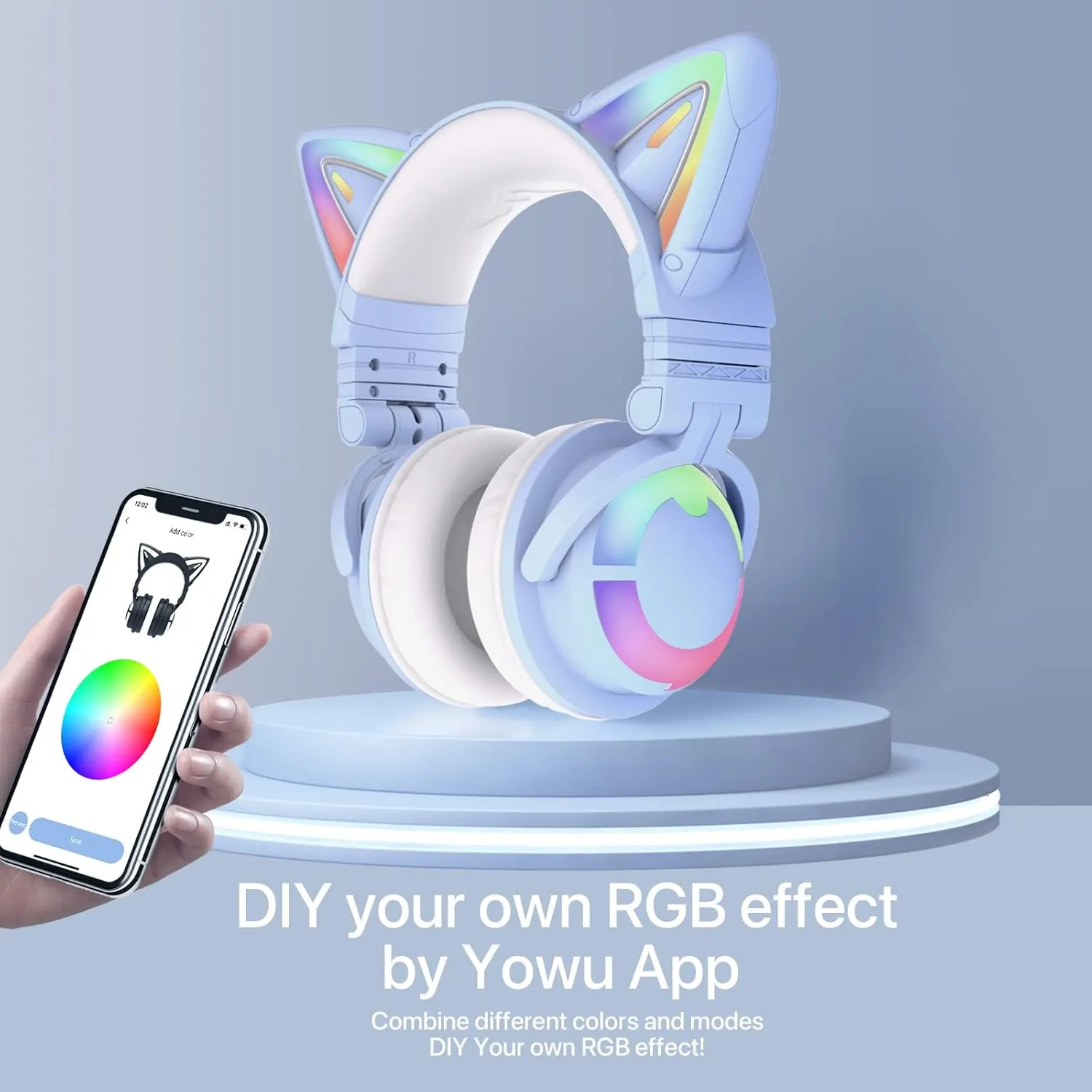 YOWU Cat Ear Headphones 3G, RGB Wireless/Wired 5.0 Foldable Gaming Headset with 7.1 Surround Sound, Built-in Mic & Customizable Lighting and Effect via APP, Type-C Charging Audio Cable(Blue)