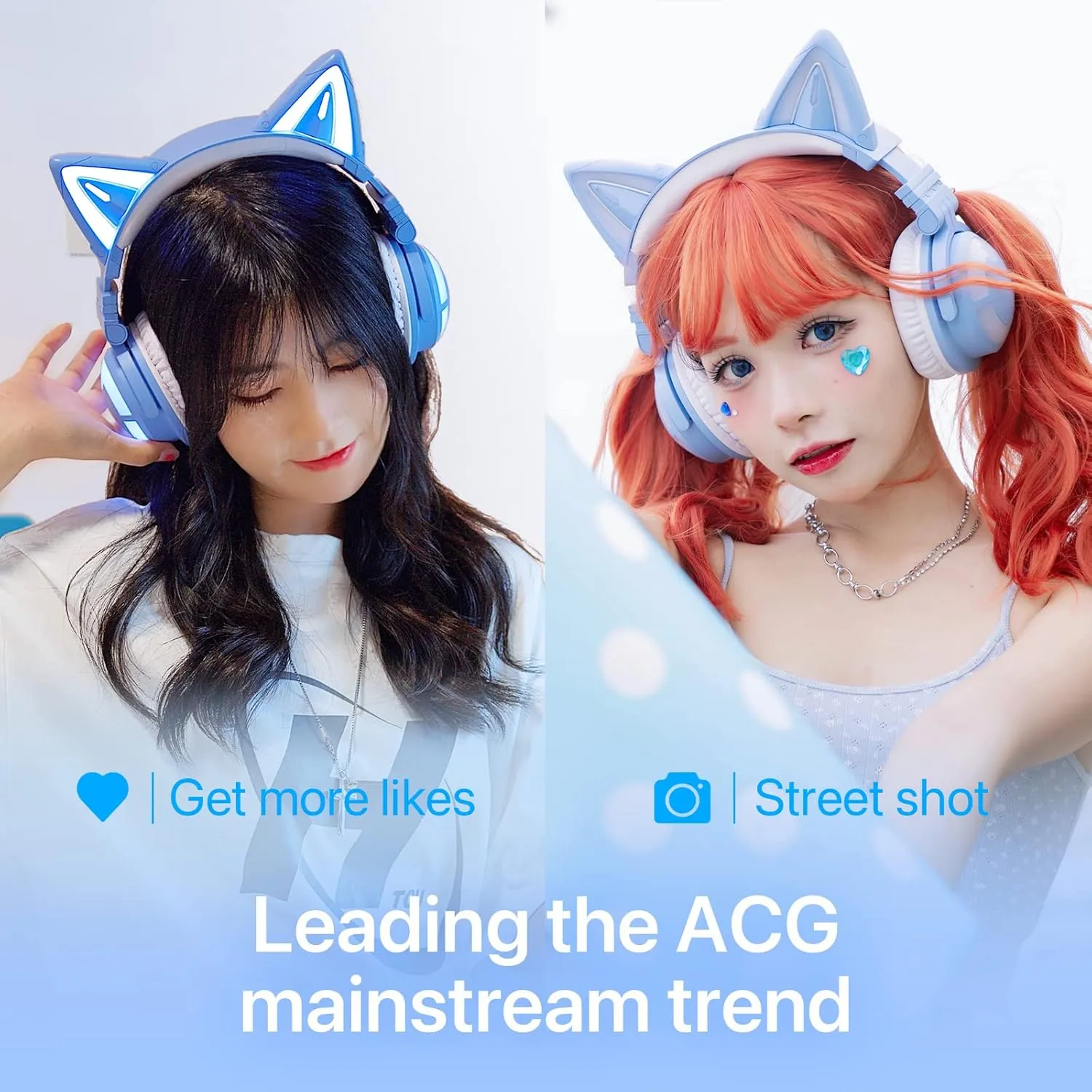 YOWU Cat Ear Headphones 3G, RGB Wireless/Wired 5.0 Foldable Gaming Headset with 7.1 Surround Sound, Built-in Mic & Customizable Lighting and Effect via APP, Type-C Charging Audio Cable(Blue)