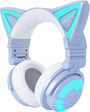 YOWU Cat Ear Headphones 3G, RGB Wireless/Wired 5.0 Foldable Gaming Headset with 7.1 Surround Sound, Built-in Mic & Customizable Lighting and Effect via APP, Type-C Charging Audio Cable(Blue)