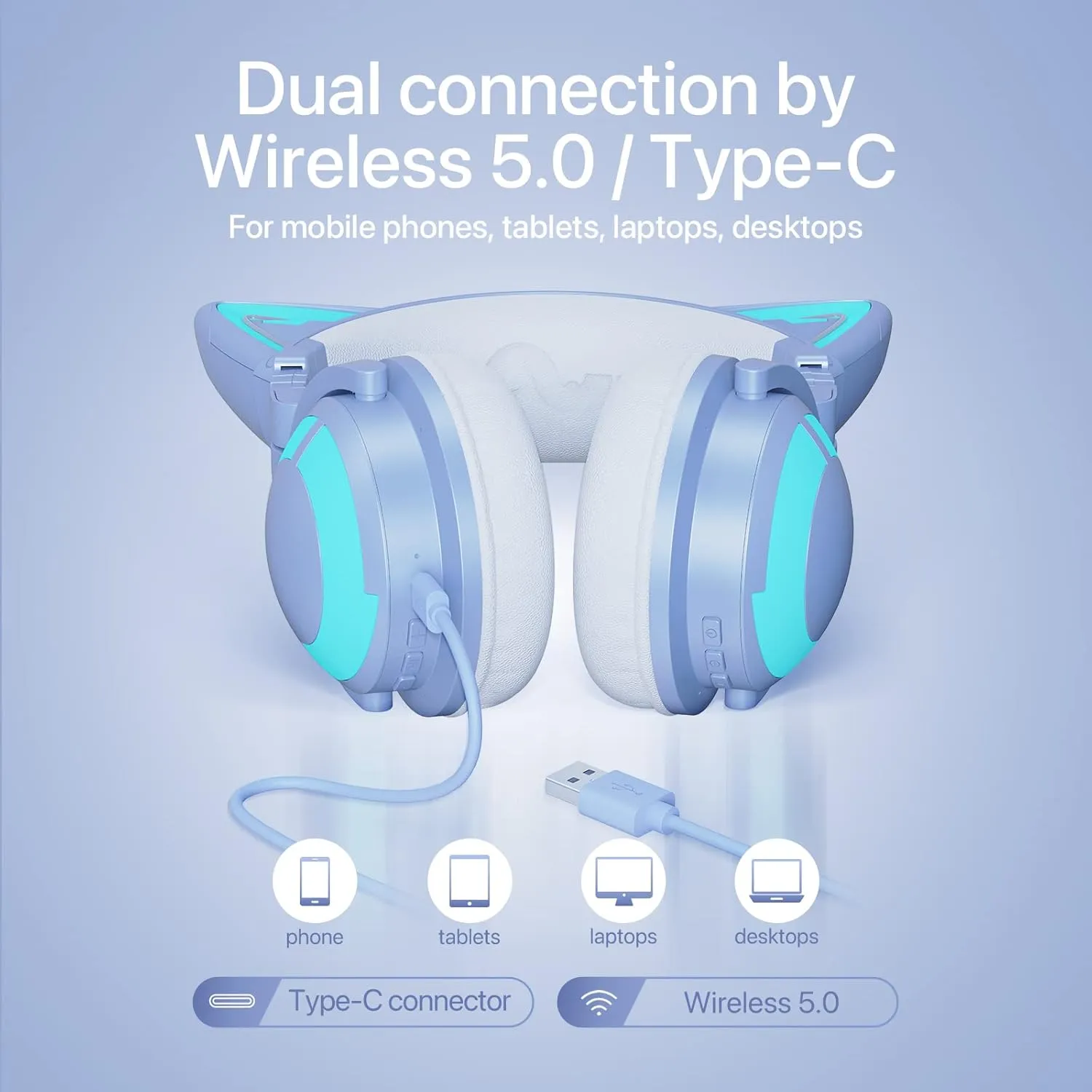 YOWU Cat Ear Headphones 3G, RGB Wireless/Wired 5.0 Foldable Gaming Headset with 7.1 Surround Sound, Built-in Mic & Customizable Lighting and Effect via APP, Type-C Charging Audio Cable(Blue)