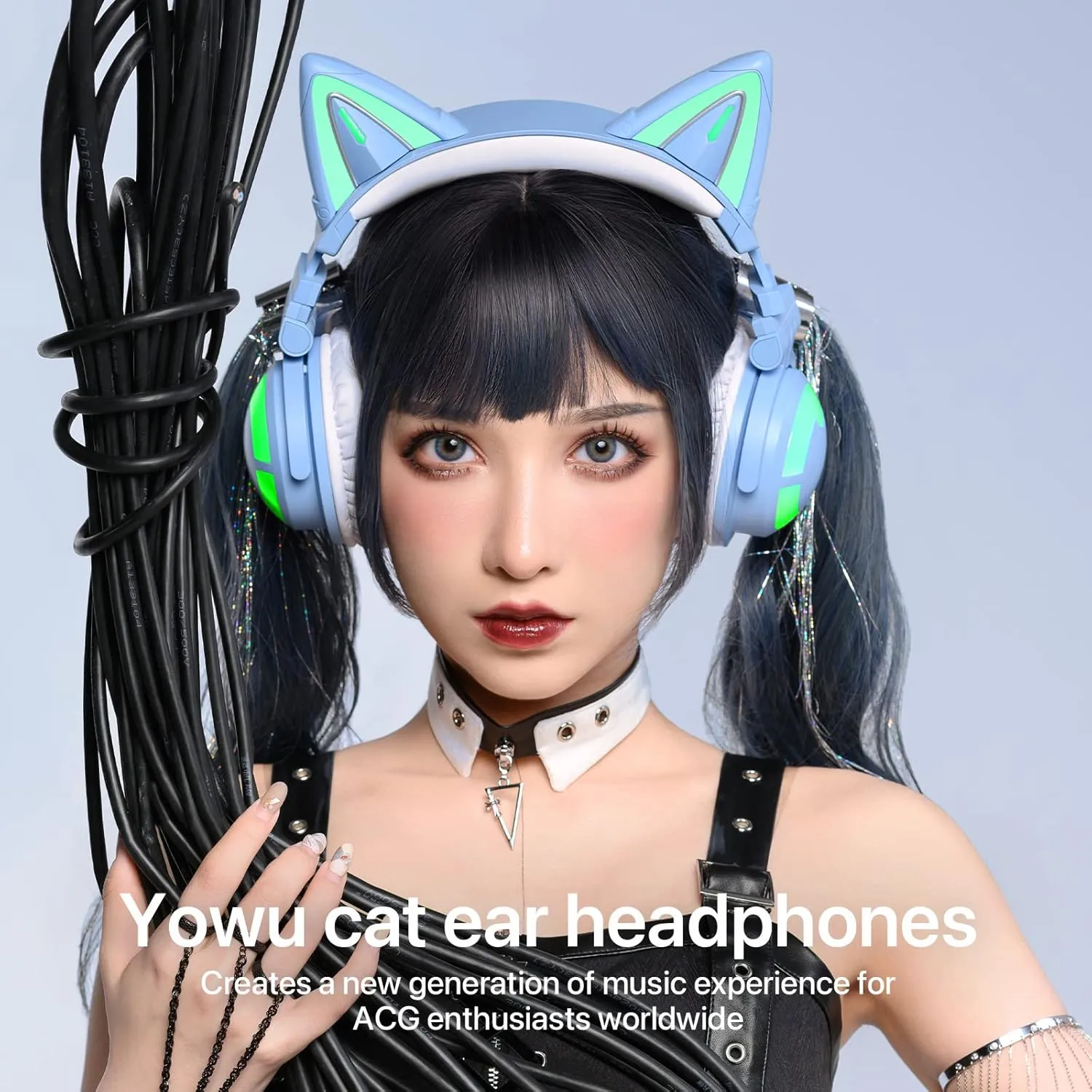 YOWU Cat Ear Headphones 3G, RGB Wireless/Wired 5.0 Foldable Gaming Headset with 7.1 Surround Sound, Built-in Mic & Customizable Lighting and Effect via APP, Type-C Charging Audio Cable(Blue)