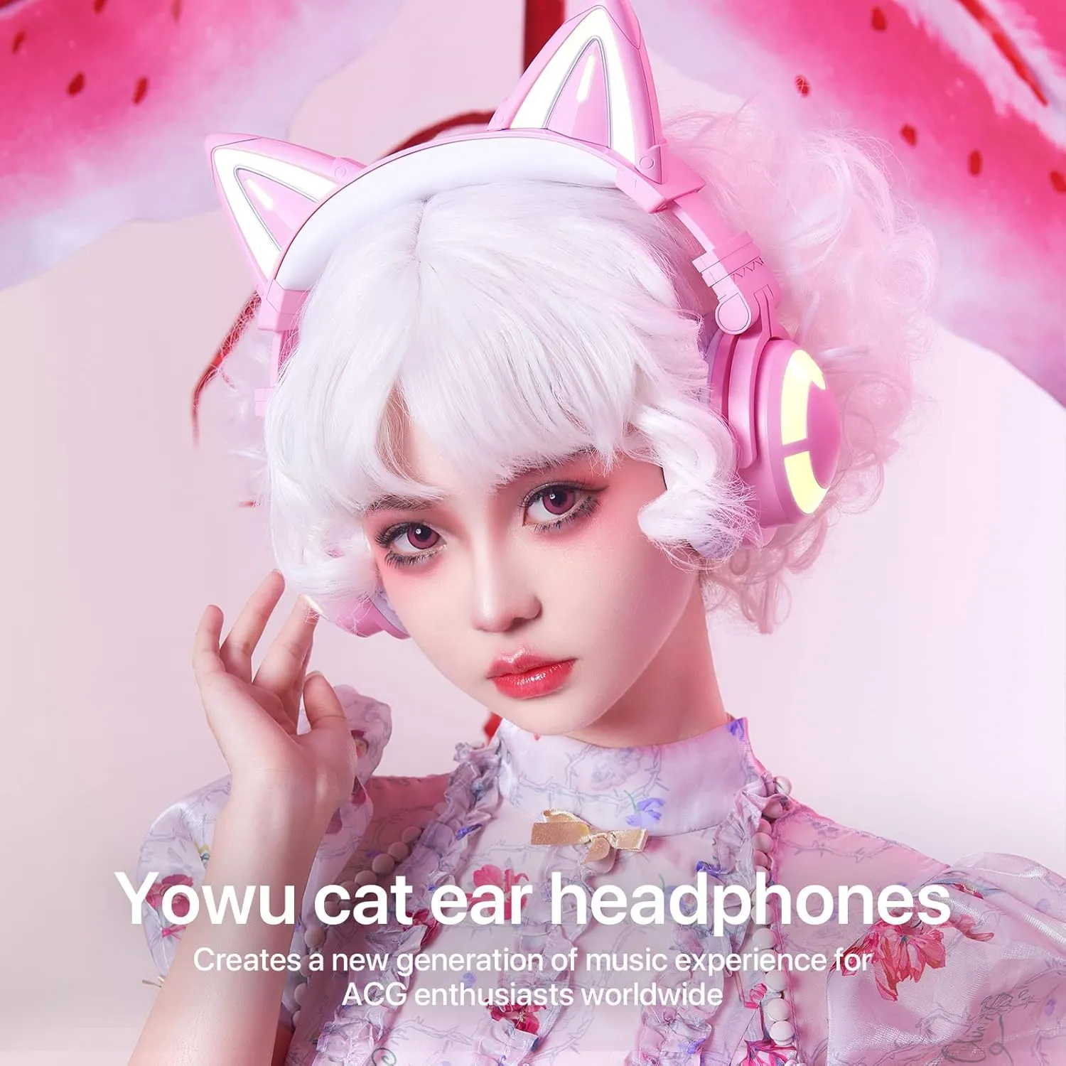 YOWU Cat Ear Headphones 3G, RGB Wireless/Wired 5.0 Foldable Gaming Headset with 7.1 Surround Sound, Built-in Mic & Customizable Lighting and Effect via APP(Pink)