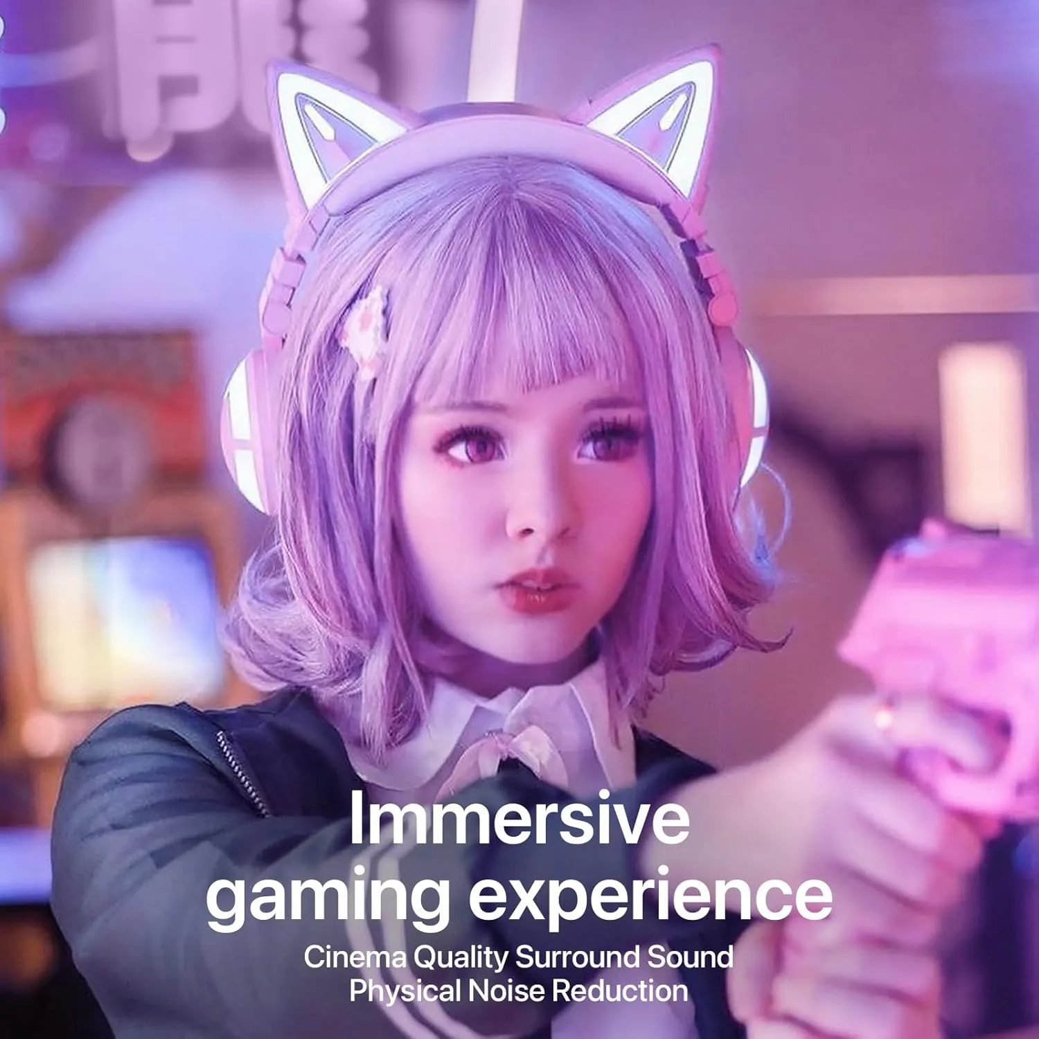 YOWU Cat Ear Headphones 3G, RGB Wireless/Wired 5.0 Foldable Gaming Headset with 7.1 Surround Sound, Built-in Mic & Customizable Lighting and Effect via APP(Pink)