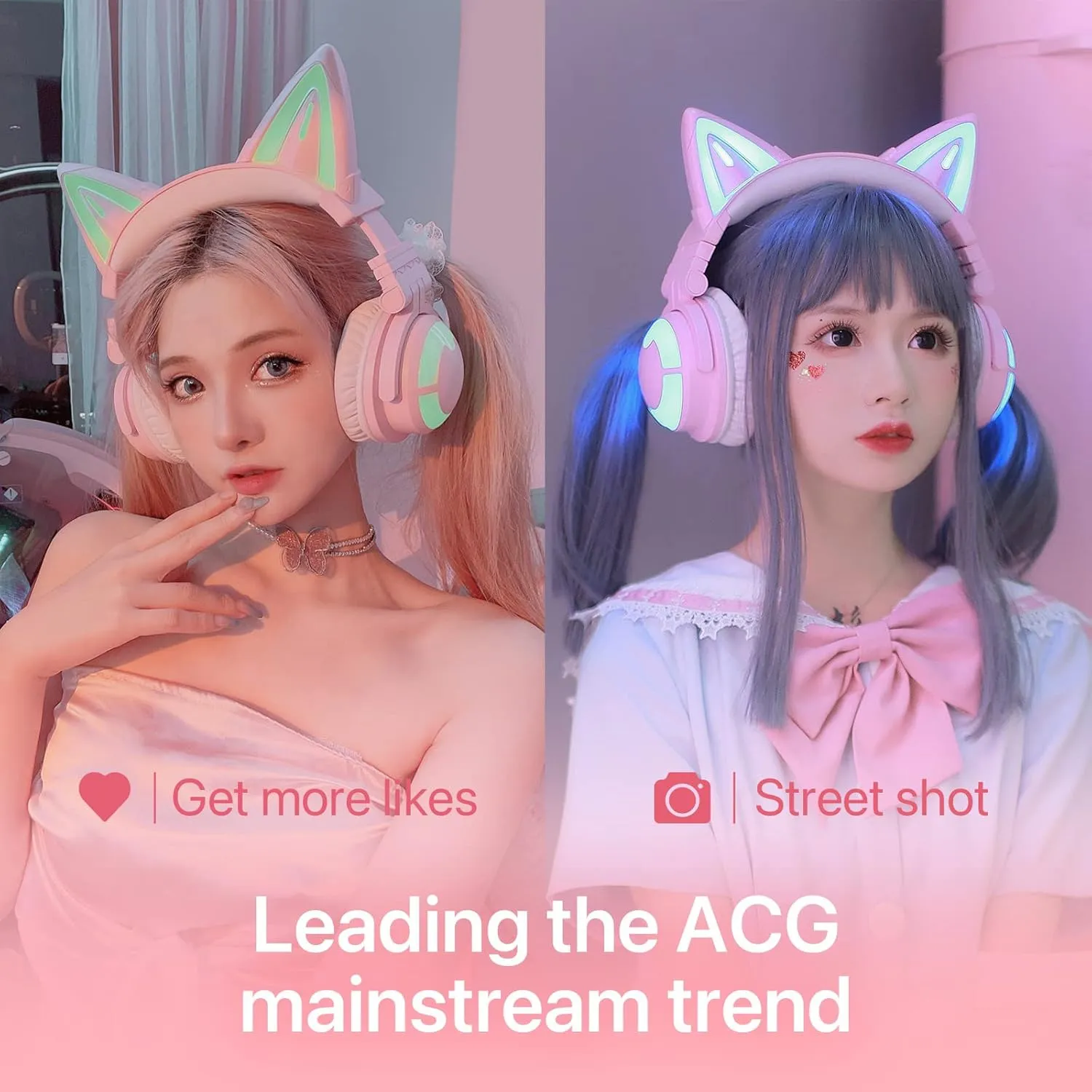 YOWU Cat Ear Headphones 3G, RGB Wireless/Wired 5.0 Foldable Gaming Headset with 7.1 Surround Sound, Built-in Mic & Customizable Lighting and Effect via APP(Pink)