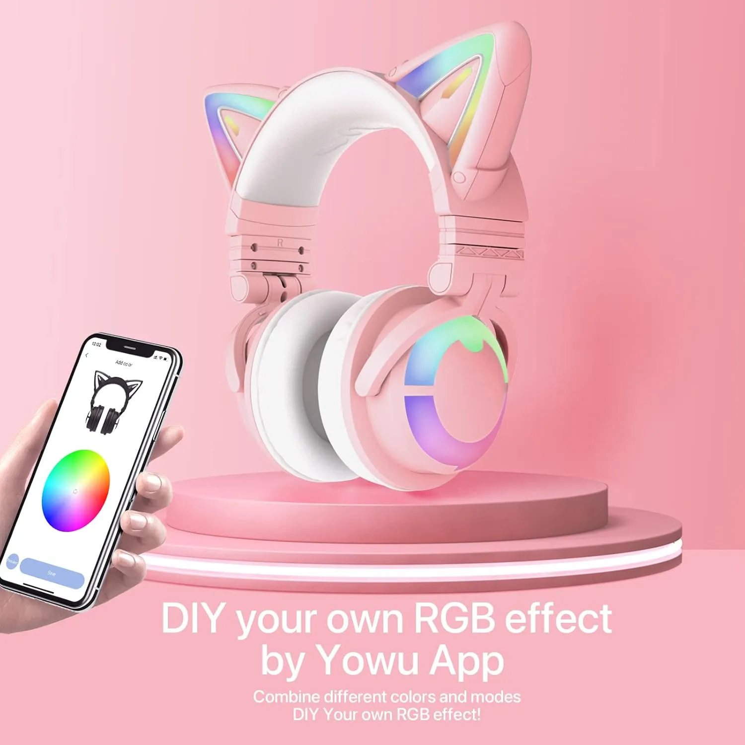 YOWU Cat Ear Headphones 3G, RGB Wireless/Wired 5.0 Foldable Gaming Headset with 7.1 Surround Sound, Built-in Mic & Customizable Lighting and Effect via APP(Pink)