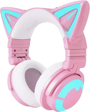 YOWU Cat Ear Headphones 3G, RGB Wireless/Wired 5.0 Foldable Gaming Headset with 7.1 Surround Sound, Built-in Mic & Customizable Lighting and Effect via APP(Pink)
