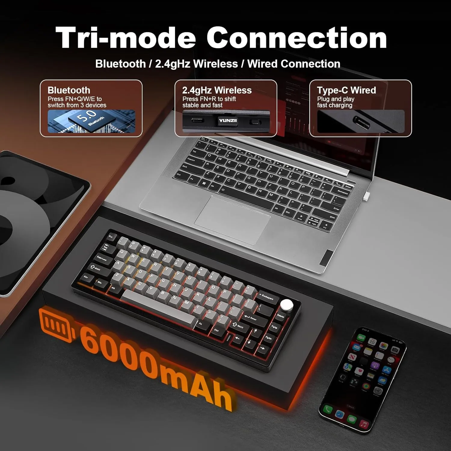 YUNZII AL68 Wireless Mechanical Keyboard,Full Aluminum CNC,60% Layout with Knob, QMK/VIA Software,Gasket Mounted,Hot Swappable,RGB Backlit,BT/2.4G/USB-C for Mac/Win (Black, Cocoa Cream V2)