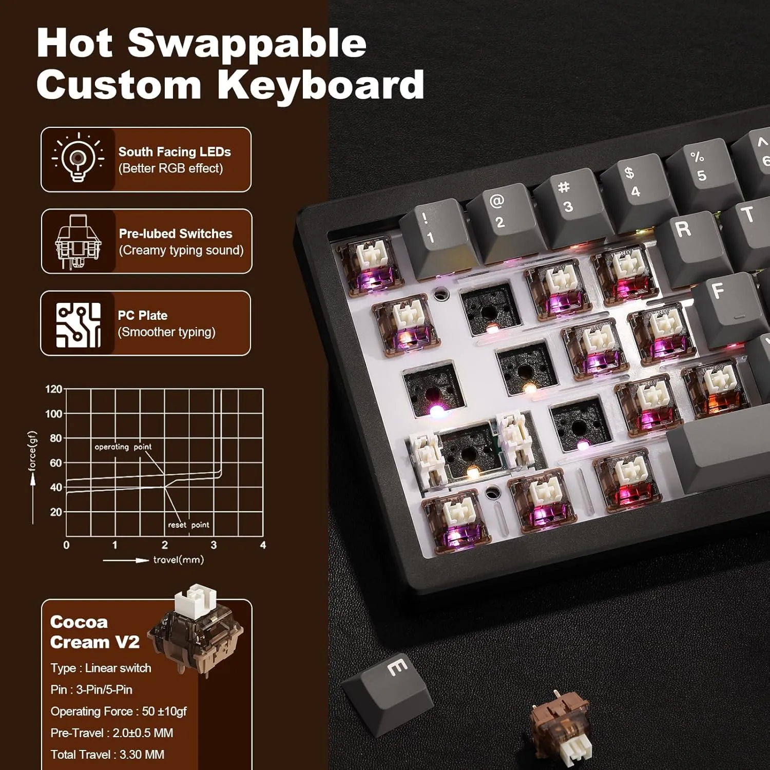 YUNZII AL68 Wireless Mechanical Keyboard,Full Aluminum CNC,60% Layout with Knob, QMK/VIA Software,Gasket Mounted,Hot Swappable,RGB Backlit,BT/2.4G/USB-C for Mac/Win (Black, Cocoa Cream V2)