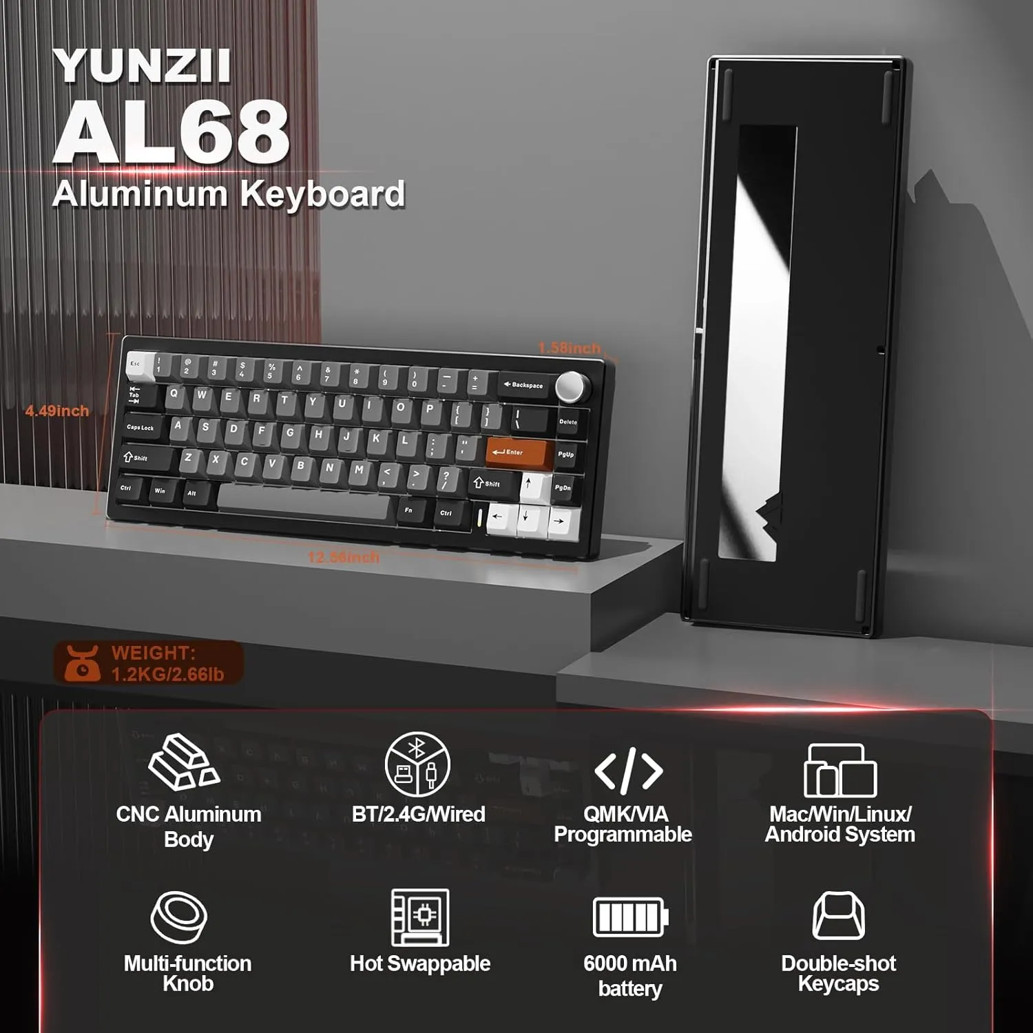YUNZII AL68 Wireless Mechanical Keyboard,Full Aluminum CNC,60% Layout with Knob, QMK/VIA Software,Gasket Mounted,Hot Swappable,RGB Backlit,BT/2.4G/USB-C for Mac/Win (Black, Cocoa Cream V2)