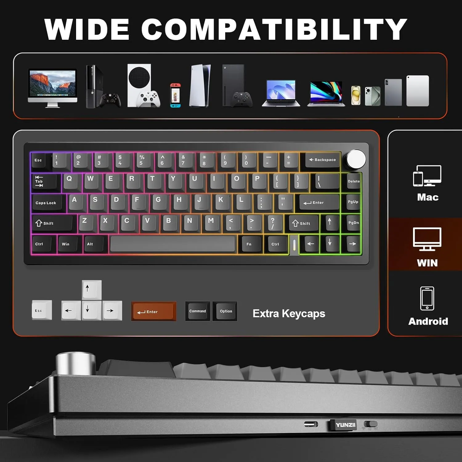 YUNZII AL68 Wireless Mechanical Keyboard,Full Aluminum CNC,60% Layout with Knob, QMK/VIA Software,Gasket Mounted,Hot Swappable,RGB Backlit,BT/2.4G/USB-C for Mac/Win (Black, Cocoa Cream V2)