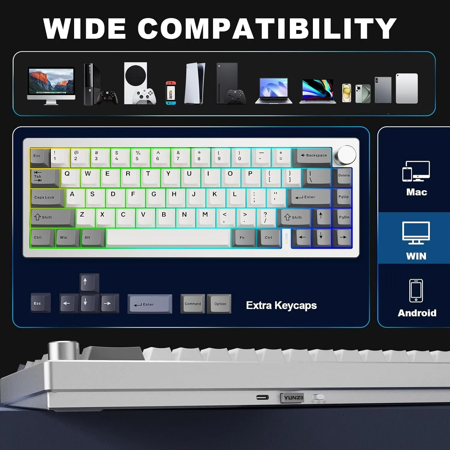 YUNZII AL68 Wireless Mechanical Keyboard,Full Aluminum CNC,60% Layout with Knob, QMK/VIA Software,Gasket Mounted,Hot Swappable,RGB Backlit,BT/2.4G/USB-C for Mac/Win (Silver, Milk V2)