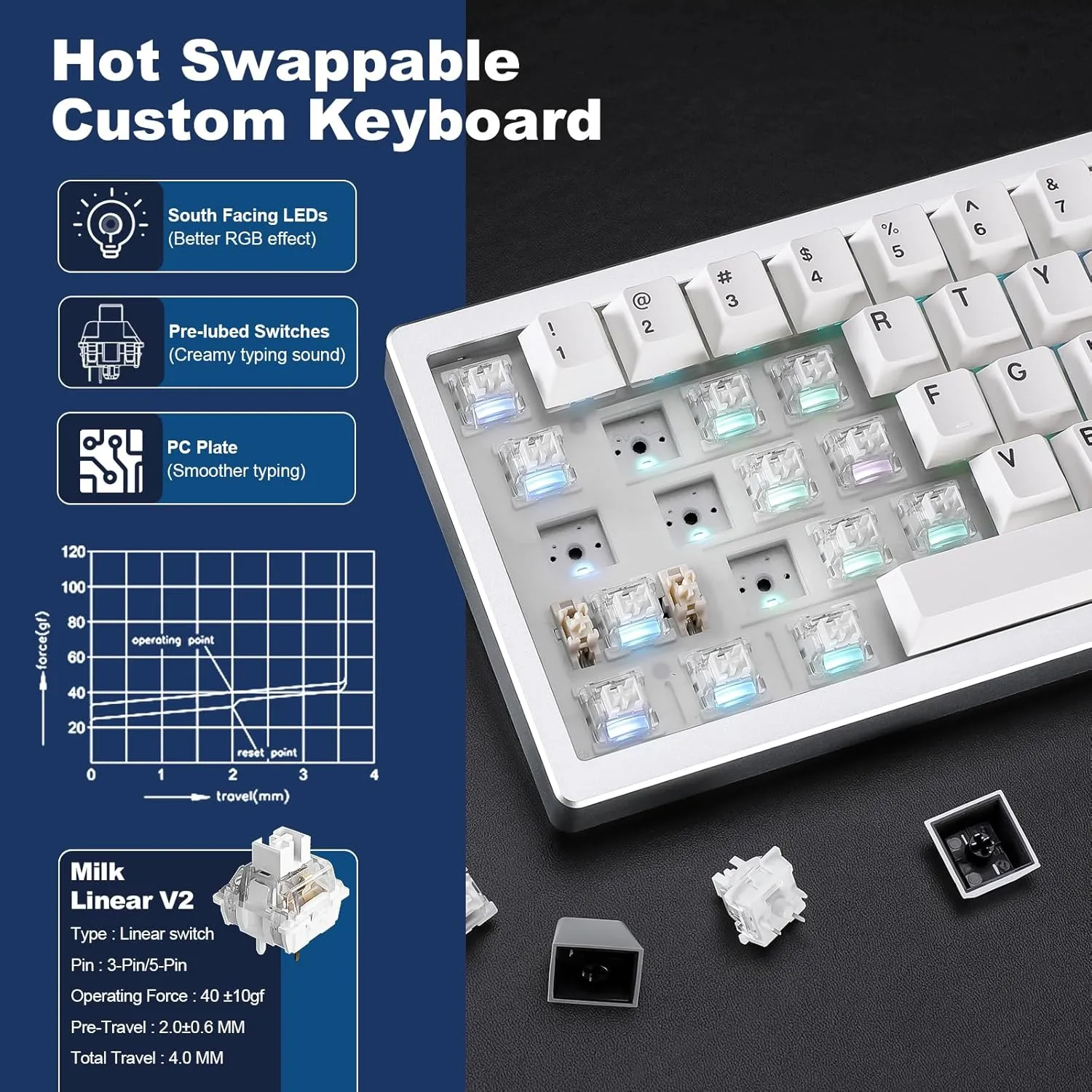 YUNZII AL68 Wireless Mechanical Keyboard,Full Aluminum CNC,60% Layout with Knob, QMK/VIA Software,Gasket Mounted,Hot Swappable,RGB Backlit,BT/2.4G/USB-C for Mac/Win (Silver, Milk V2)