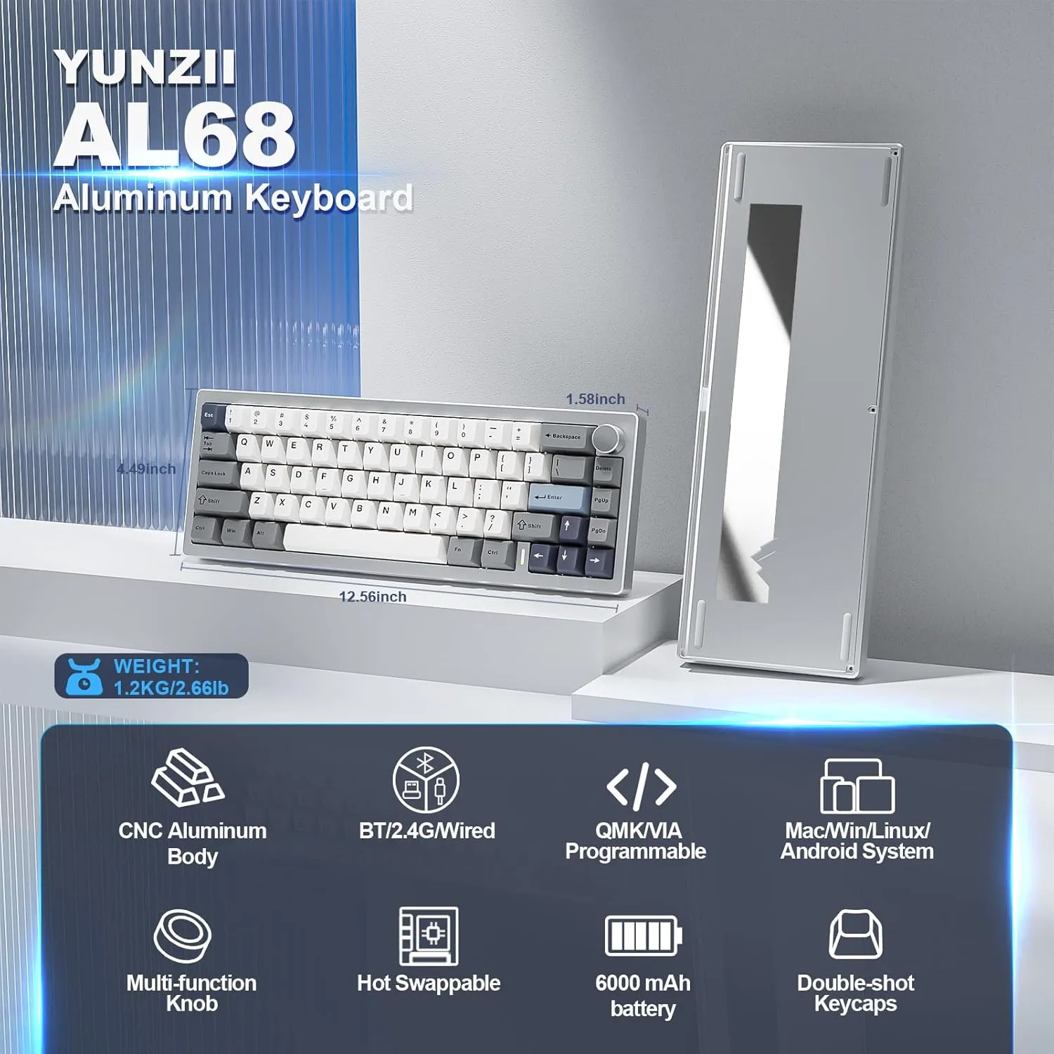 YUNZII AL68 Wireless Mechanical Keyboard,Full Aluminum CNC,60% Layout with Knob, QMK/VIA Software,Gasket Mounted,Hot Swappable,RGB Backlit,BT/2.4G/USB-C for Mac/Win (Silver, Milk V2)
